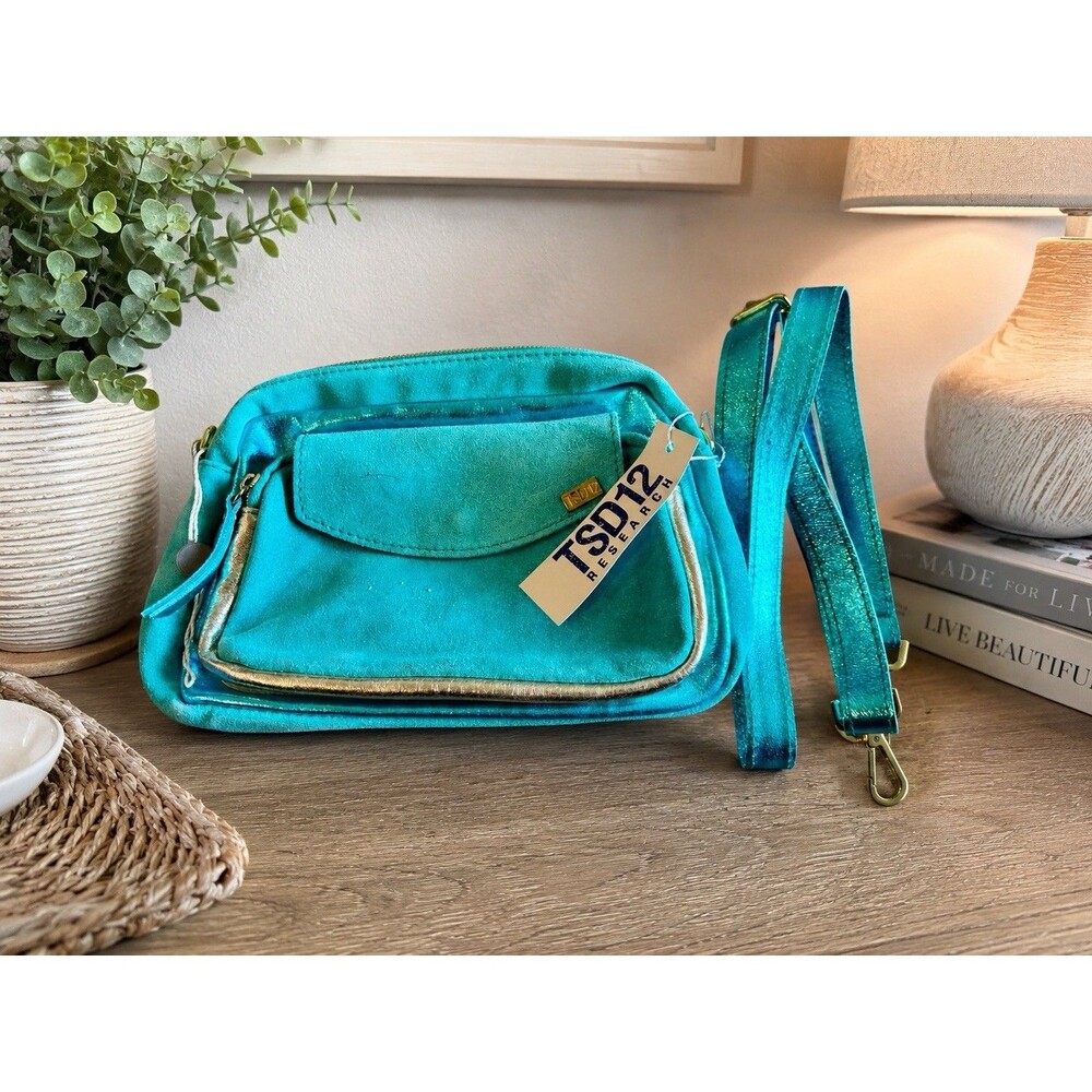 TSD12 RESEARCH Suede Leather Teal Pockets Crossbody Bag Purse NWT